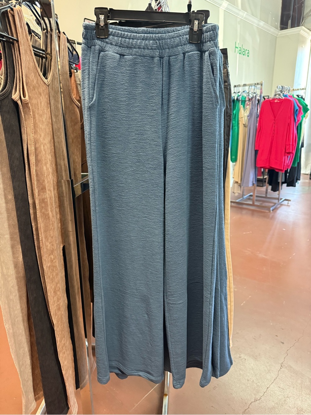 Zenana Outfitters Textured Wide-Leg Pants in Dusty Blue